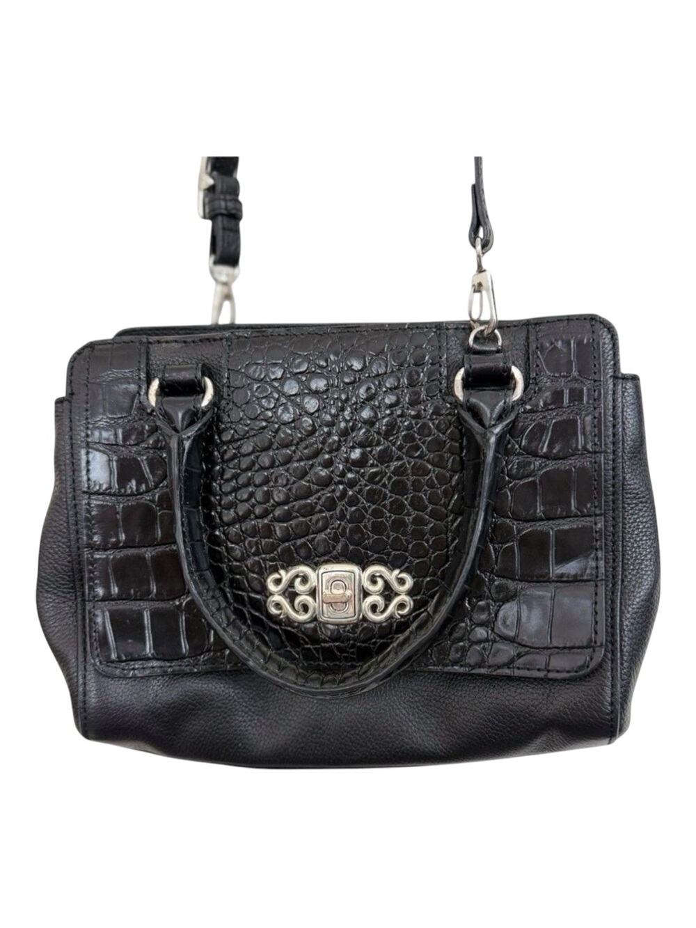 Brighton Black Croc Embossed Leather Satchel Crossbody Bag Top Handle Zip Divide